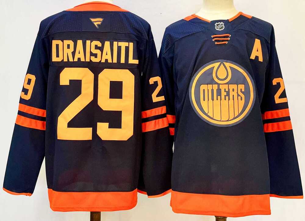 Men%27s Edmonton Oilers #29 Leon Draisaitl Navy 2024-25 A Patch Stitched Jersey
